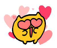 a cartoon drawing of a yellow cat with hearts in its eyes