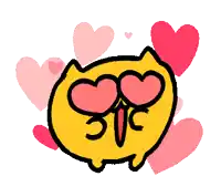 a cartoon drawing of a yellow cat with hearts in its eyes