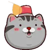 a cartoon cat wearing a red hat with a yellow leaf on it