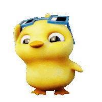 a yellow cartoon chicken wearing sunglasses on its head