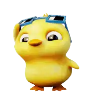 a yellow cartoon chicken wearing sunglasses on its head