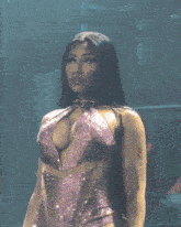 a woman in a pink bodysuit with a plunging neckline stands on a stage