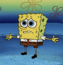 a sad looking spongebob is standing in the ocean