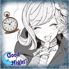 a black and white drawing of a girl with the words good night written on the bottom