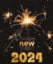 a happy new year 2024 greeting with sparklers in the background