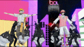 two anime characters are standing in front of a sign that says boo
