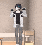 a 3d model of a person wearing a mask standing in a room