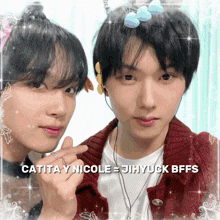 catita y nicole = jihyuck bffs is written on a picture of two people