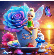 a fairy is sitting on a cup that says " good morning "