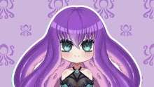 a girl with purple hair and blue eyes stands in front of an octopus pattern
