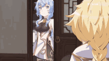 a girl with blue hair stands in front of a door