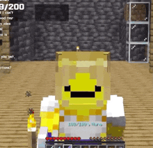 a minecraft character with a yellow face and a sword is standing in a room .