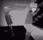 a black and white photo of a cartoon character standing next to another cartoon character