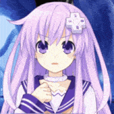 a purple haired anime girl with a white cross on her head