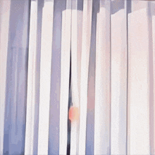 a painting of a person behind a curtain looking out a window