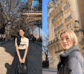two women are standing in front of the eiffel tower
