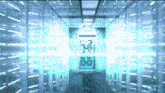 a very long hallway with a blue light coming out of it