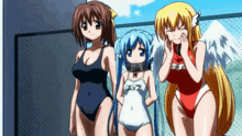 three anime girls are standing next to each other with one wearing a swimsuit that says n2