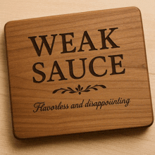 a wooden coaster that says weak sauce flavorless and disappointing