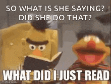 bert and ernie from sesame street are sitting next to each other and reading a book .
