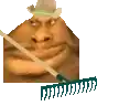 shrek is wearing a cowboy hat and holding a rake in his hand .