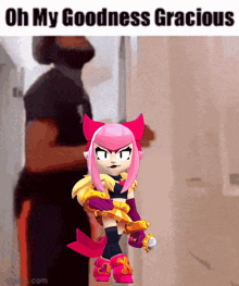 a cartoon character holding a gun with the words oh my goodness gracious below her