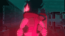 a red cartoon character with a red star in his eyes