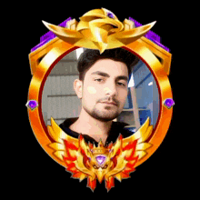 a man with a beard is in a gold emblem