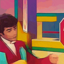a man in a suit and tie is sitting in a colorful room with a stop sign in the background