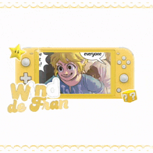 a yellow nintendo switch with a picture of link and the words wind de fran on the bottom