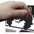 a hand is reaching out towards a cartoon character with horns .