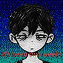 a black and white drawing of a boy with the words it 's been two weeks below him