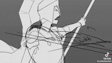 a black and white drawing of a man holding a spear with the word switch written in the corner