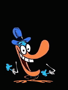 a cartoon duck is wearing a blue hat and has a big smile on his face .