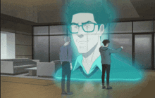 a man with glasses stands in front of a hologram of another man