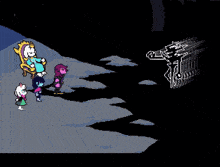 a group of cartoon characters are standing next to each other in front of a castle .