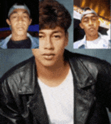 a young man wearing a black leather jacket and a white shirt looks at the camera