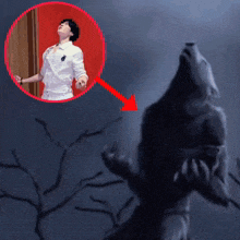 a man in a white shirt is standing next to a werewolf with a red arrow pointing to it