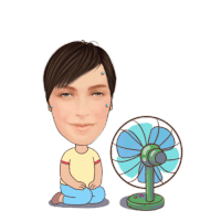 a cartoon of a man sitting next to a fan with his eyes closed