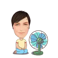 a cartoon of a man sitting next to a fan with his eyes closed