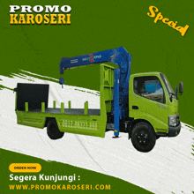 a green truck with a blue crane on the back is advertised as special