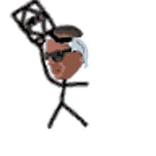 a stick figure with a man 's head and sunglasses on holding a chair .
