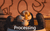 a cartoon character is sitting on a table with the word processing written below it