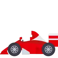 a red and white racing car with a black tire on a white background