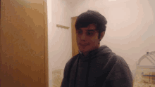 a young man in a grey hoodie stands in a room