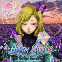 a picture of a girl with butterflies and the words happy sunday on it