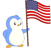 a penguin is holding an american flag on a stick