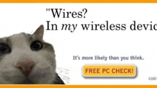 a picture of a cat with the words wires in my wireless devic