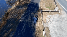 an aerial view of a person walking along a road near a body of water