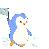 a cartoon penguin holding a flag with an igloo on it